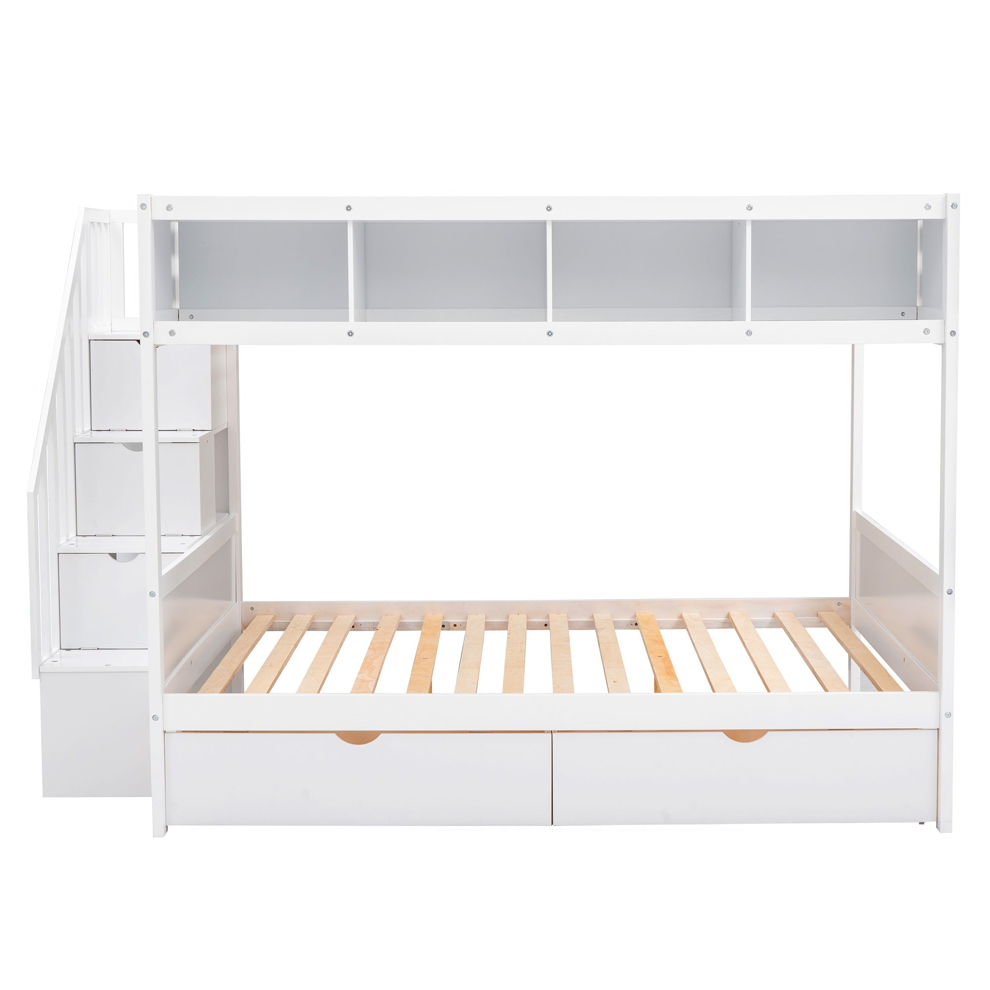 Bellemave® Twin Over Full Bunk Bed with Storage Shelves & Stairs, Solid Wood Staiway Bunk Bed Frame with 2 Drawers - Bellemave