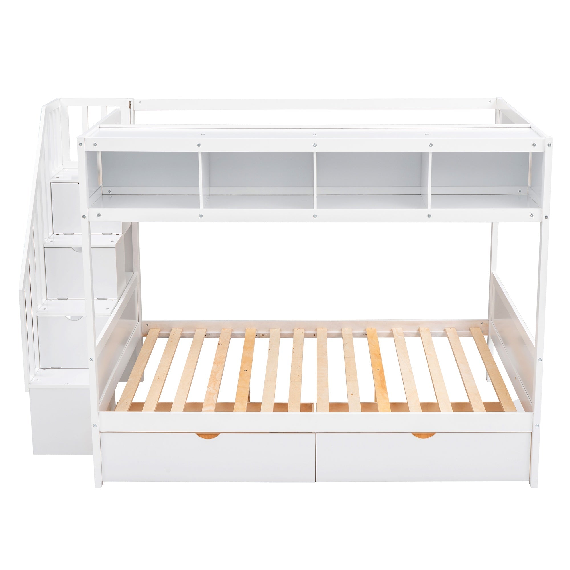Bellemave® Twin Over Full Bunk Bed with Storage Shelves & Stairs, Solid Wood Staiway Bunk Bed Frame with 2 Drawers - Bellemave