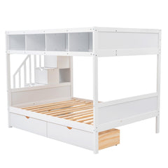 Bellemave® Twin Over Full Bunk Bed with Storage Shelves & Stairs, Solid Wood Staiway Bunk Bed Frame with 2 Drawers - Bellemave