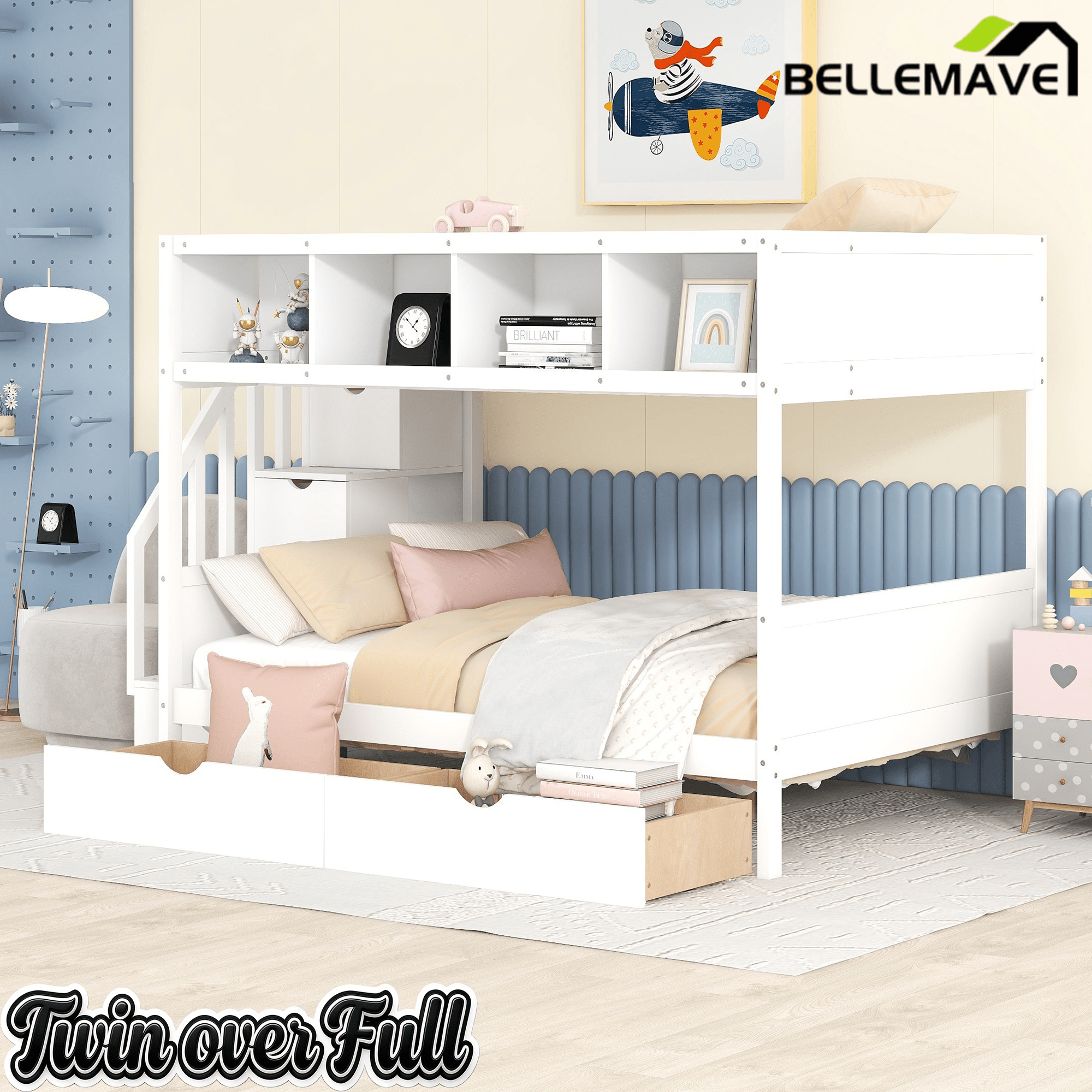 Bellemave® Twin Over Full Bunk Bed with Storage Shelves & Stairs, Solid Wood Staiway Bunk Bed Frame with 2 Drawers - Bellemave