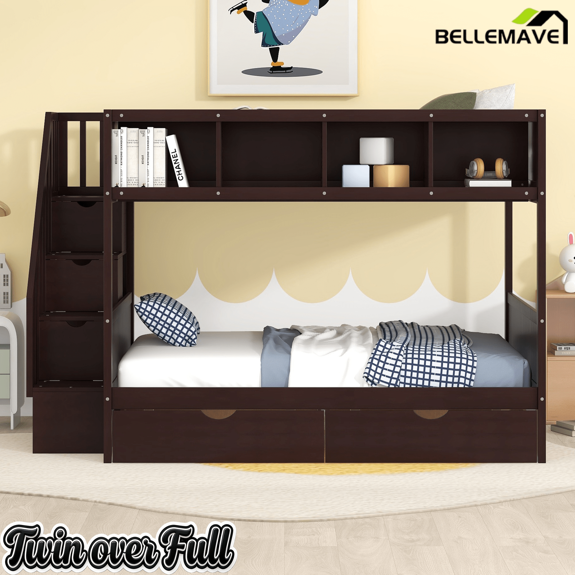 Bellemave® Twin Over Full Bunk Bed with Storage Shelves & Stairs, Solid Wood Staiway Bunk Bed Frame with 2 Drawers - Bellemave