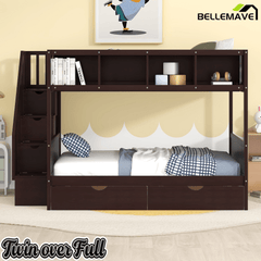 Bellemave® Twin Over Full Bunk Bed with Storage Shelves & Stairs, Solid Wood Staiway Bunk Bed Frame with 2 Drawers - Bellemave