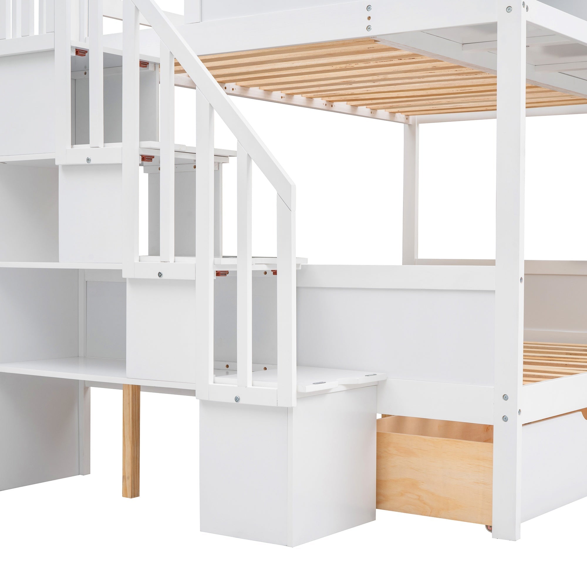 Bellemave® Twin Over Full Bunk Bed with Storage Shelves & Stairs, Solid Wood Staiway Bunk Bed Frame with 2 Drawers - Bellemave