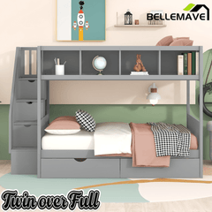 Bellemave® Twin Over Full Bunk Bed with Storage Shelves & Stairs, Solid Wood Staiway Bunk Bed Frame with 2 Drawers - Bellemave