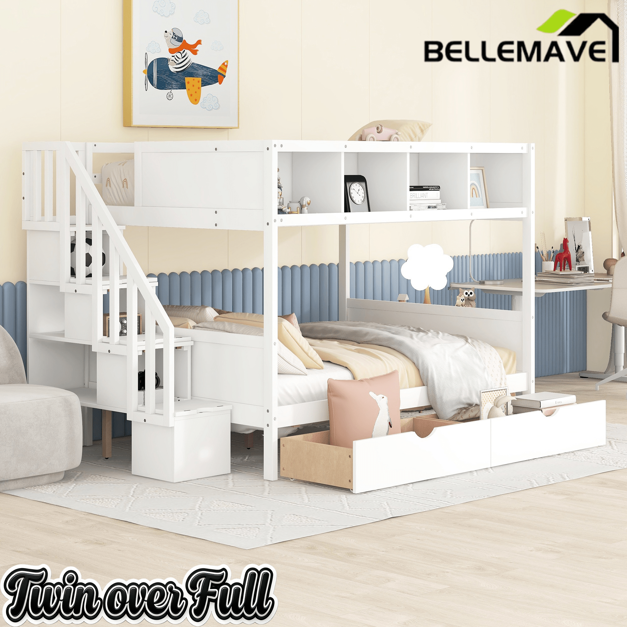 Bellemave® Twin Over Full Bunk Bed with Storage Shelves & Stairs, Solid Wood Staiway Bunk Bed Frame with 2 Drawers - Bellemave
