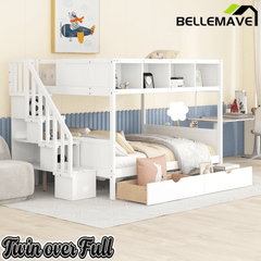 Bellemave® Twin Over Full Bunk Bed with Storage Shelves & Stairs, Solid Wood Staiway Bunk Bed Frame with 2 Drawers - Bellemave