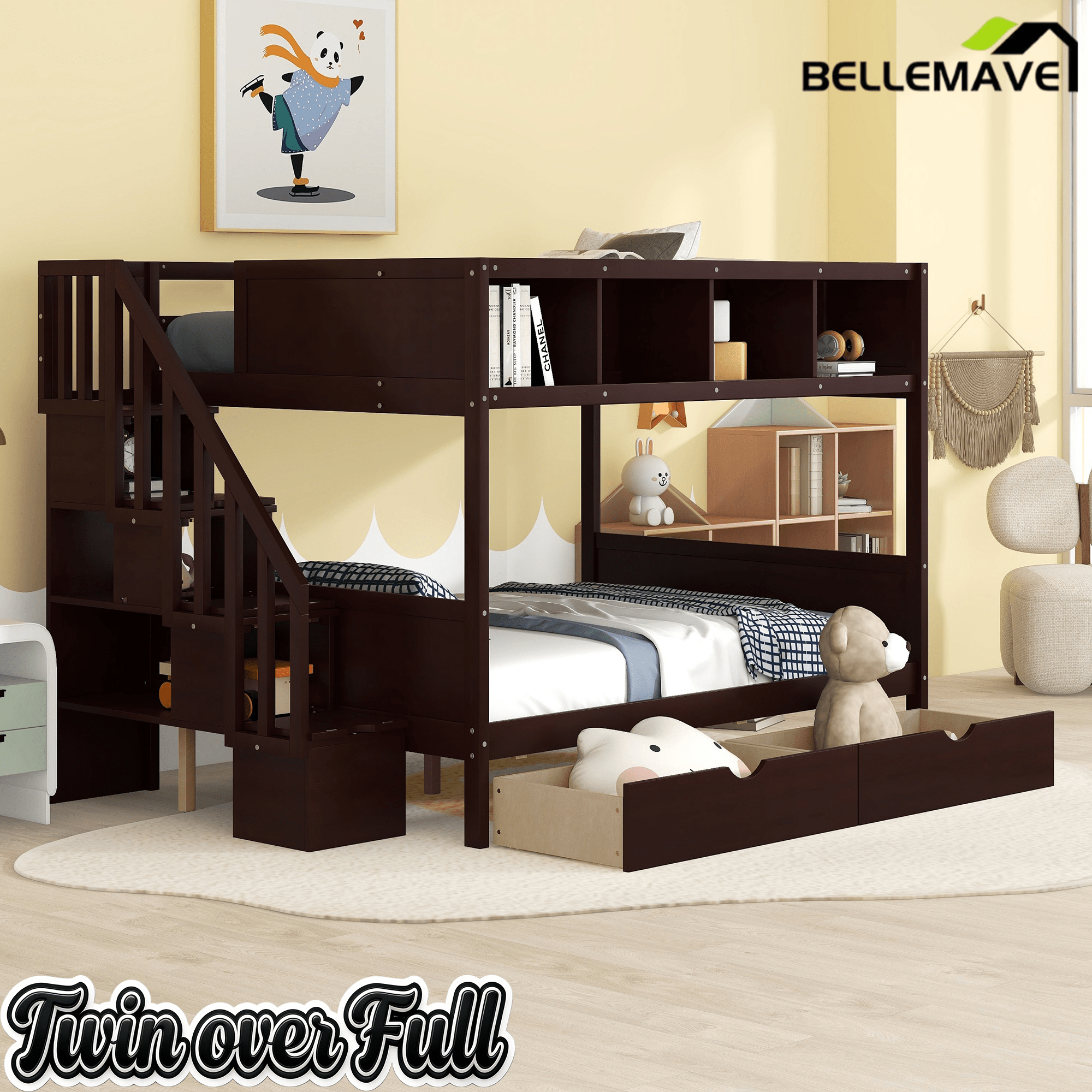 Bellemave® Twin Over Full Bunk Bed with Storage Shelves & Stairs, Solid Wood Staiway Bunk Bed Frame with 2 Drawers - Bellemave