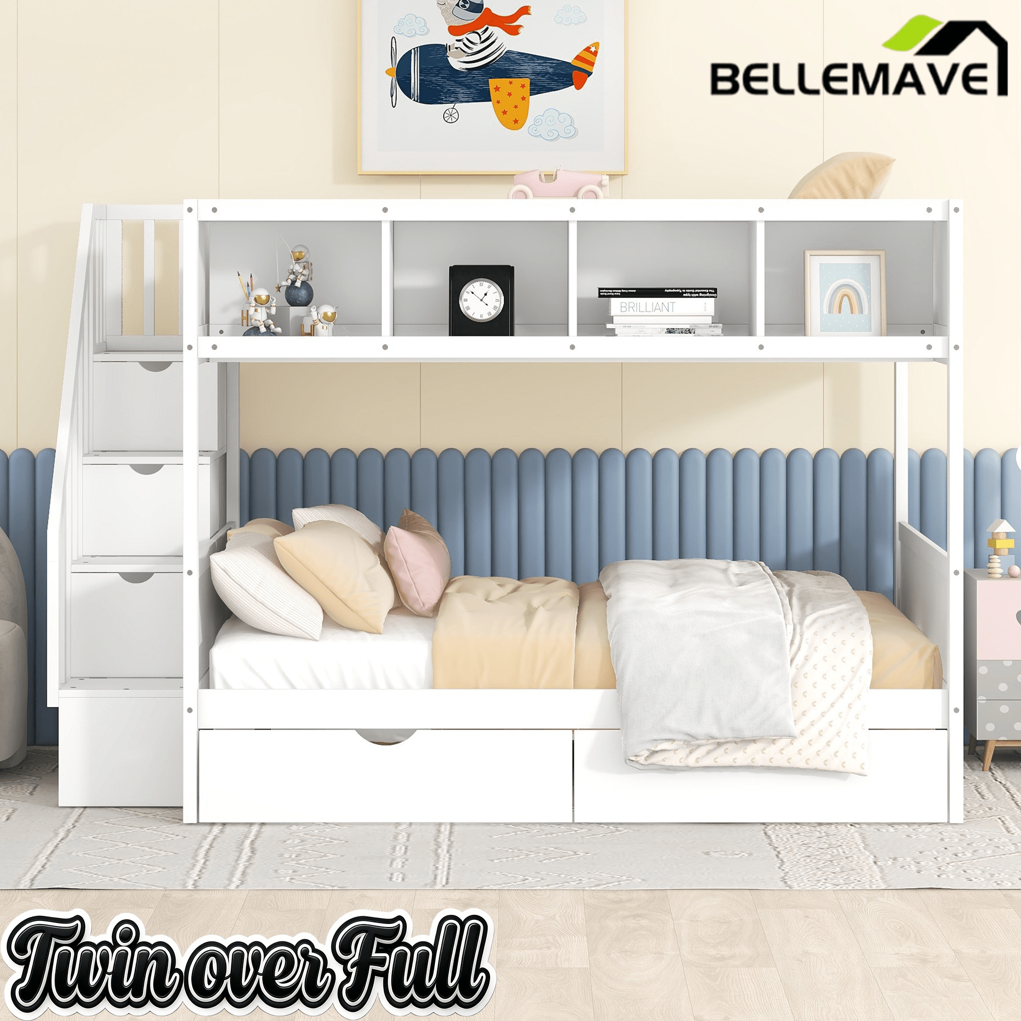 Bellemave® Twin Over Full Bunk Bed with Storage Shelves & Stairs, Solid Wood Staiway Bunk Bed Frame with 2 Drawers - Bellemave