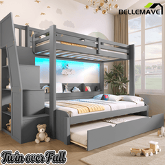 Bellemave® Twin Over Full Bunk Bed with Storage Staircase, Trundle, Built - in Shelves & USB Charging Station for Kids Teens - Bellemave