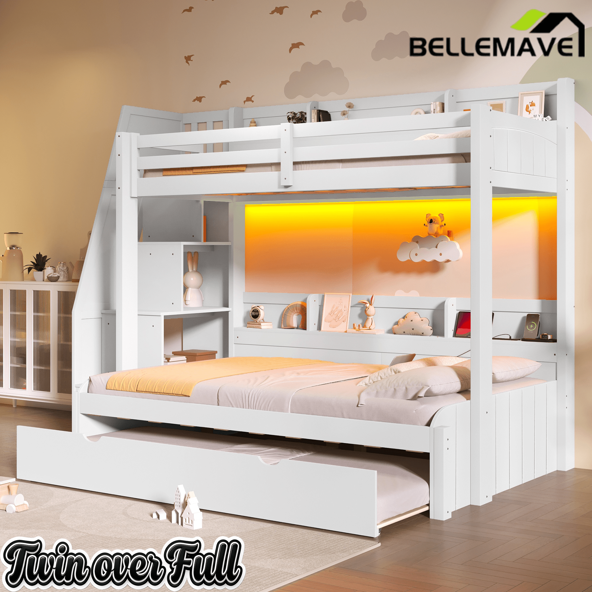 Bellemave® Twin Over Full Bunk Bed with Storage Staircase, Trundle, Built - in Shelves & USB Charging Station for Kids Teens - Bellemave