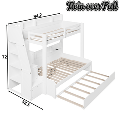 Bellemave® Twin Over Full Bunk Bed with Storage Staircase, Trundle, Built - in Shelves & USB Charging Station for Kids Teens - Bellemave