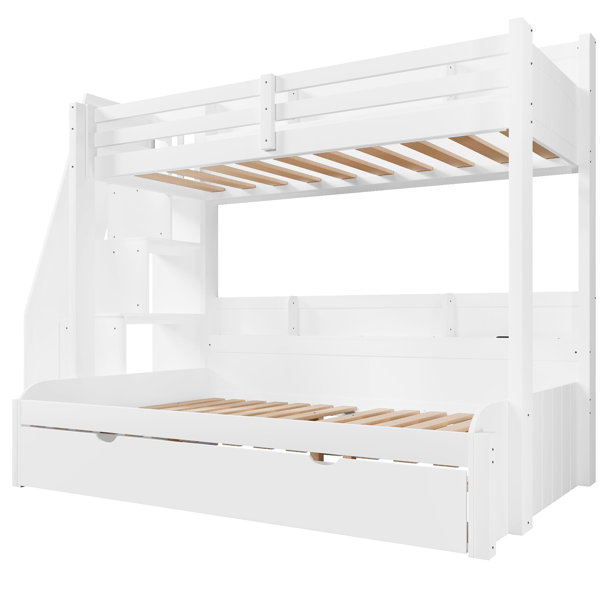 Bellemave® Twin Over Full Bunk Bed with Storage Staircase, Trundle, Built - in Shelves & USB Charging Station for Kids Teens - Bellemave