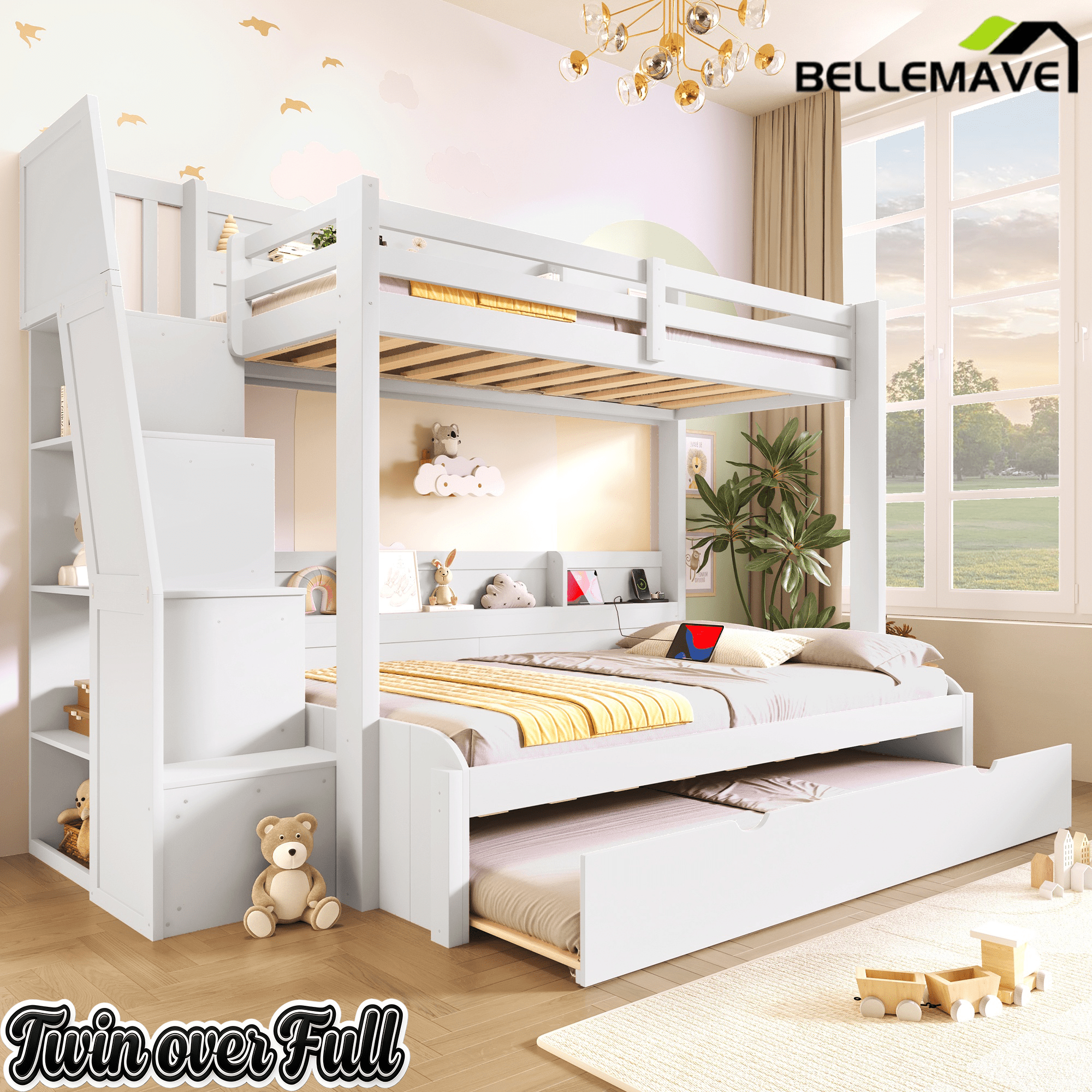Bellemave® Twin Over Full Bunk Bed with Storage Staircase, Trundle, Built - in Shelves & USB Charging Station for Kids Teens - Bellemave
