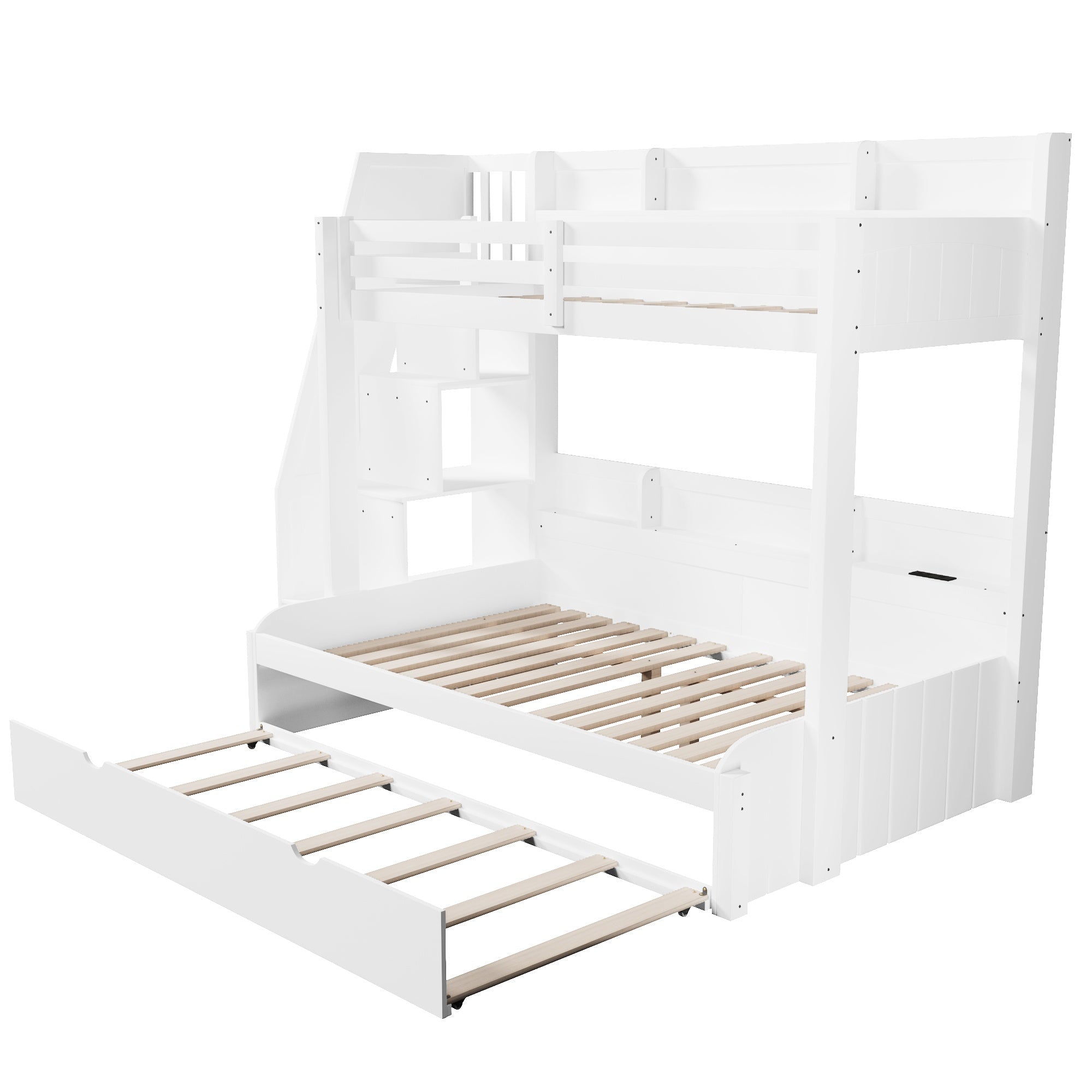 Bellemave® Twin Over Full Bunk Bed with Storage Staircase, Trundle, Built - in Shelves & USB Charging Station for Kids Teens - Bellemave