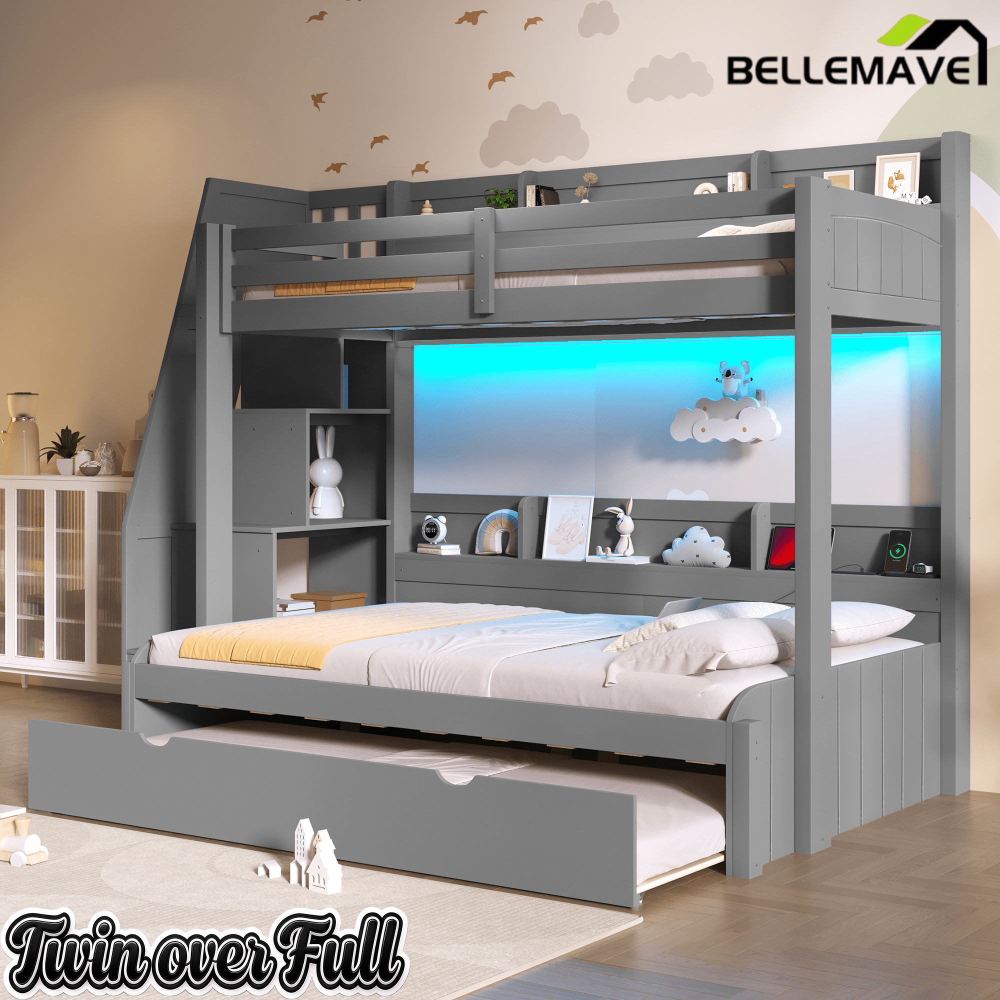 Bellemave® Twin Over Full Bunk Bed with Storage Staircase, Trundle, Built - in Shelves & USB Charging Station for Kids Teens - Bellemave