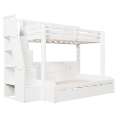 Bellemave® Twin Over Full Bunk Bed with Storage Staircase, Trundle, Built - in Shelves & USB Charging Station for Kids Teens - Bellemave