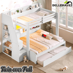 Bellemave® Twin Over Full Bunk Bed with Storage Staircase, Trundle, Built - in Shelves & USB Charging Station for Kids Teens - Bellemave