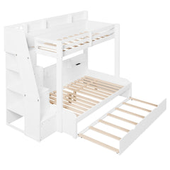 Bellemave® Twin Over Full Bunk Bed with Storage Staircase, Trundle, Built - in Shelves & USB Charging Station for Kids Teens - Bellemave