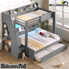Bellemave® Twin Over Full Bunk Bed with Storage Staircase, Trundle, Built - in Shelves & USB Charging Station for Kids Teens - Bellemave