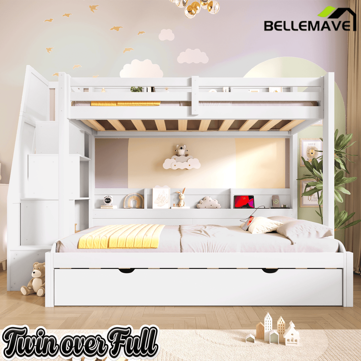 Bellemave® Twin Over Full Bunk Bed with Storage Staircase, Trundle, Built - in Shelves & USB Charging Station for Kids Teens - Bellemave