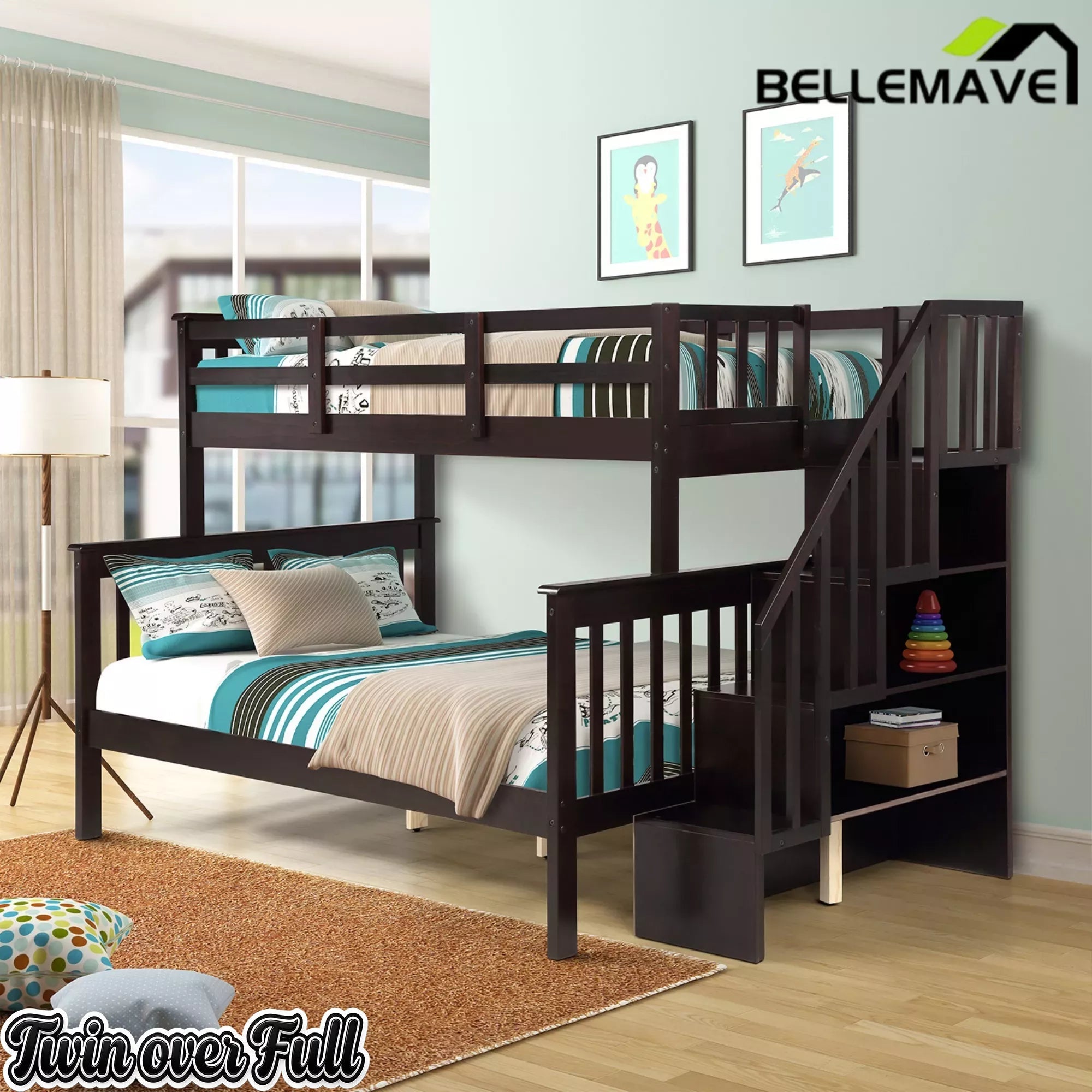 Bellemave® Twin Over Full Bunk Bed with Storage Stairs & Guardrail, Wooden Bunk Bed Frame with Storage Shelves for Kids, Teens & Adults - Bellemave