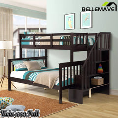 Bellemave® Twin Over Full Bunk Bed with Storage Stairs & Guardrail, Wooden Bunk Bed Frame with Storage Shelves for Kids, Teens & Adults - Bellemave