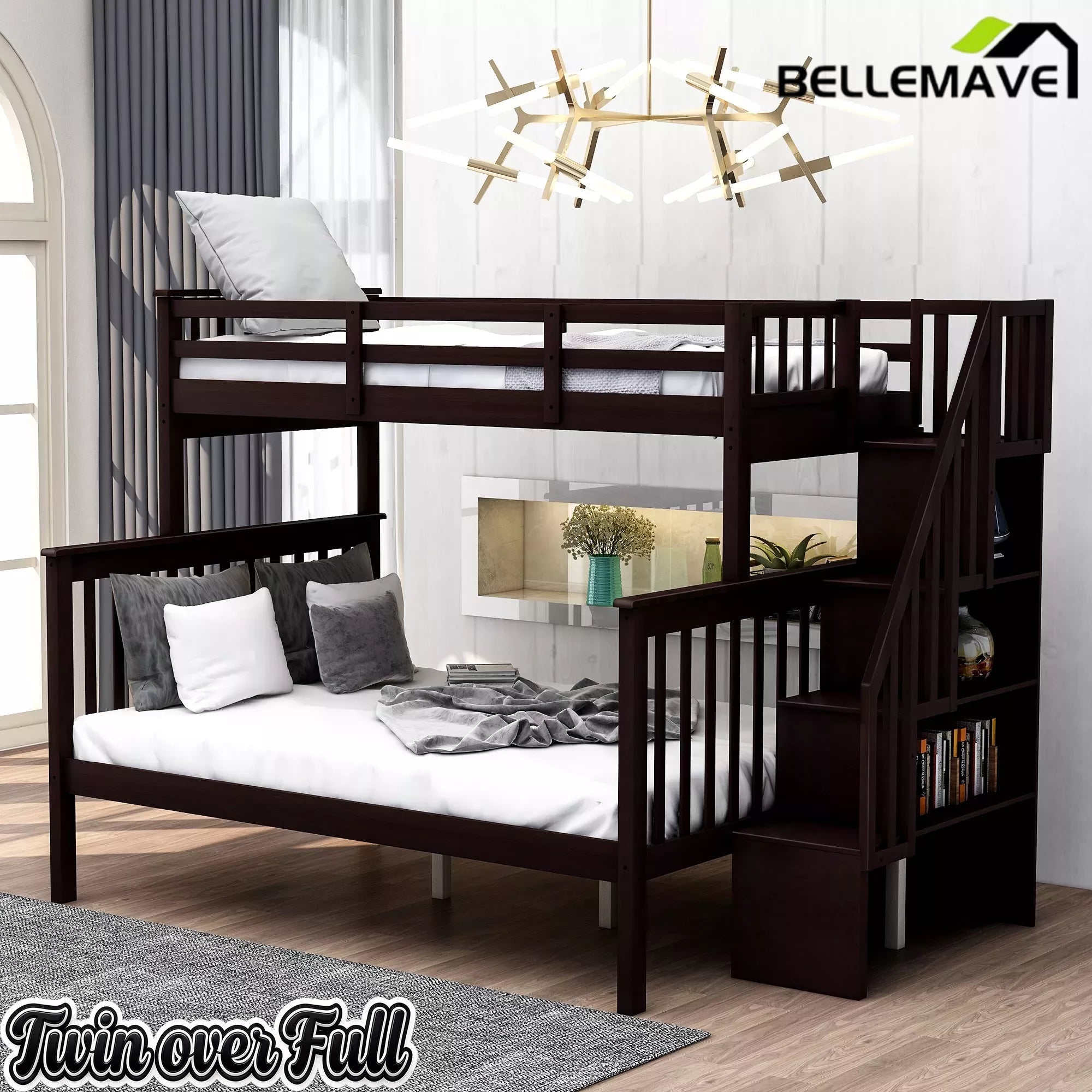 Bellemave® Twin Over Full Bunk Bed with Storage Stairs & Guardrail, Wooden Bunk Bed Frame with Storage Shelves for Kids, Teens & Adults - Bellemave