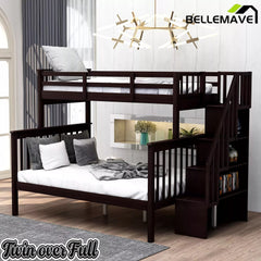 Bellemave® Twin Over Full Bunk Bed with Storage Stairs & Guardrail, Wooden Bunk Bed Frame with Storage Shelves for Kids, Teens & Adults - Bellemave