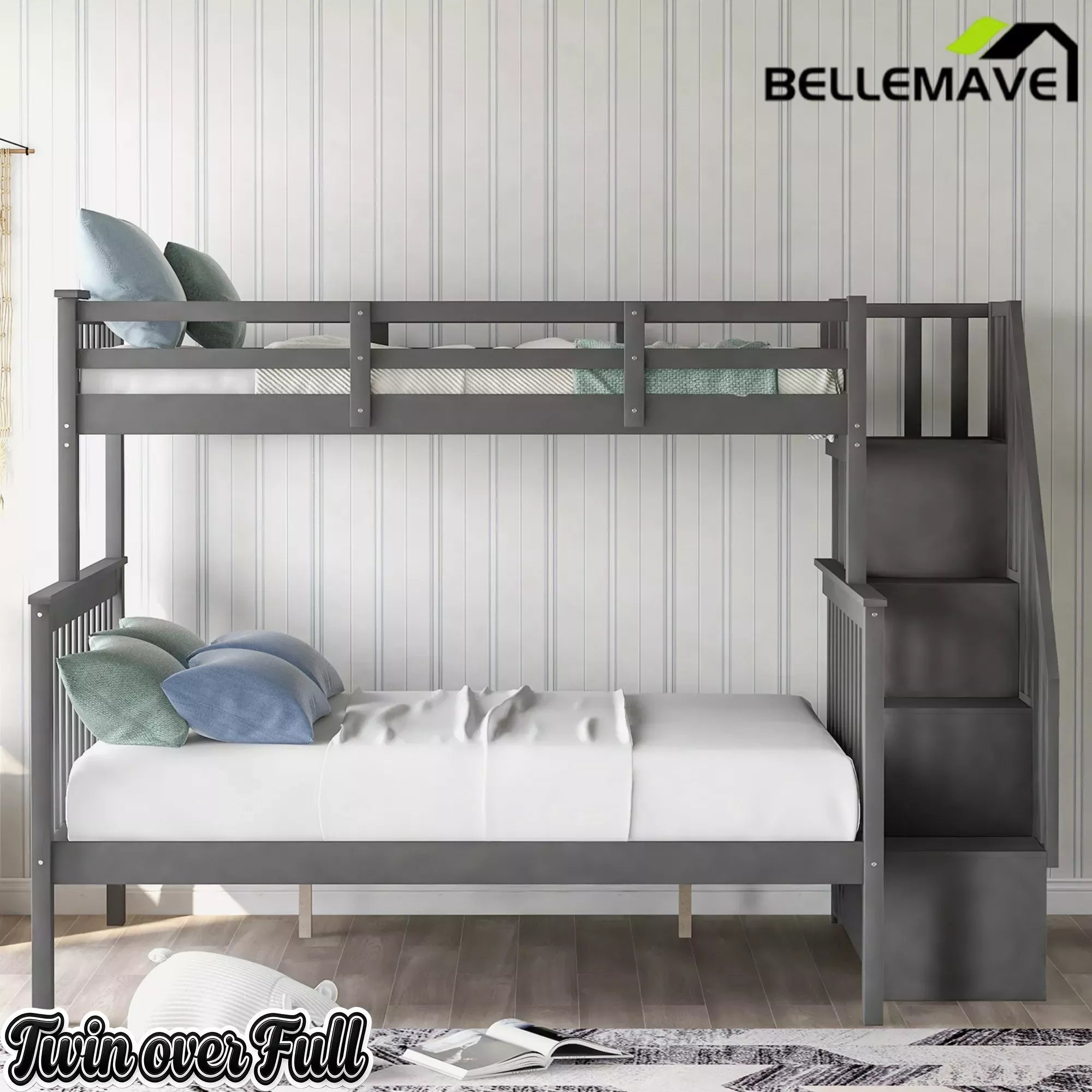 Bellemave® Twin Over Full Bunk Bed with Storage Stairs & Guardrail, Wooden Bunk Bed Frame with Storage Shelves for Kids, Teens & Adults - Bellemave