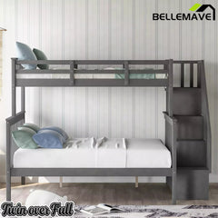 Bellemave® Twin Over Full Bunk Bed with Storage Stairs & Guardrail, Wooden Bunk Bed Frame with Storage Shelves for Kids, Teens & Adults - Bellemave