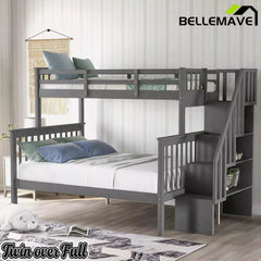 Bellemave® Twin Over Full Bunk Bed with Storage Stairs & Guardrail, Wooden Bunk Bed Frame with Storage Shelves for Kids, Teens & Adults - Bellemave