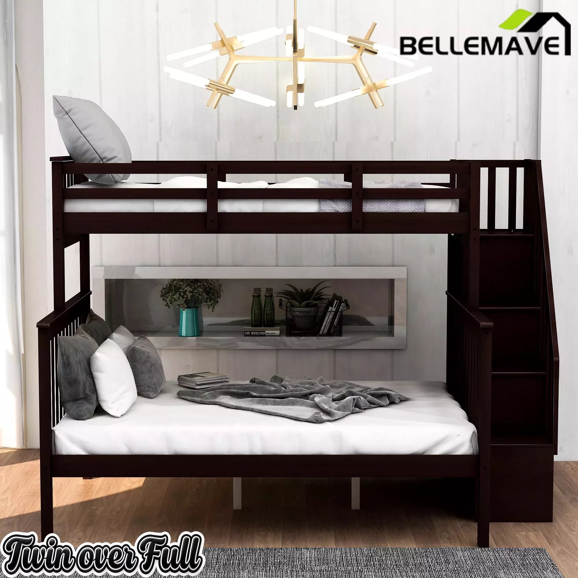 Bellemave® Twin Over Full Bunk Bed with Storage Stairs & Guardrail, Wooden Bunk Bed Frame with Storage Shelves for Kids, Teens & Adults - Bellemave