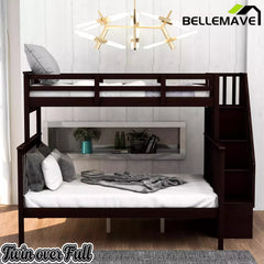 Bellemave® Twin Over Full Bunk Bed with Storage Stairs & Guardrail, Wooden Bunk Bed Frame with Storage Shelves for Kids, Teens & Adults - Bellemave