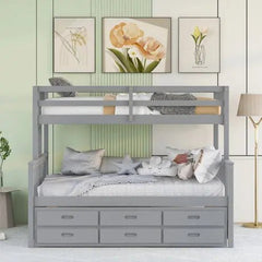 Bellemave® Twin over Full Bunk Bed with Trundle and 3 Drawers - Bellemave
