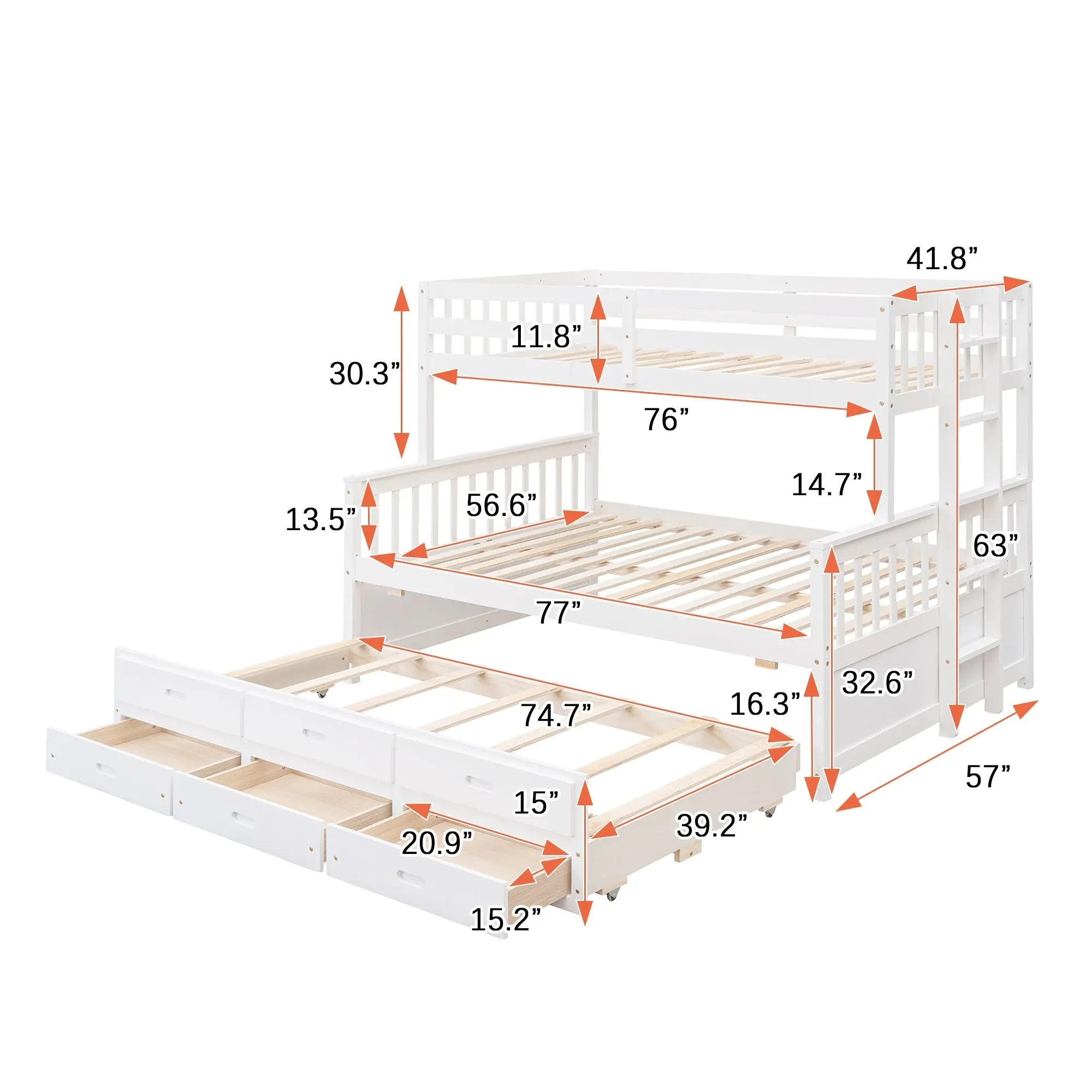 Bellemave® Twin over Full Bunk Bed with Trundle and 3 Drawers - Bellemave