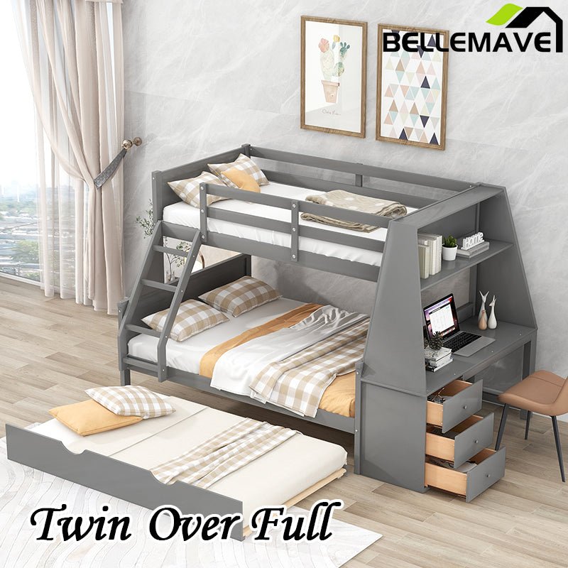 Bellemave® Twin over Full Bunk Bed with Trundle Bed and Built - in Desk, 3 Drawers and Shelf - Bellemave