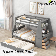 Bellemave® Twin over Full Bunk Bed with Trundle Bed and Built - in Desk, 3 Drawers and Shelf - Bellemave