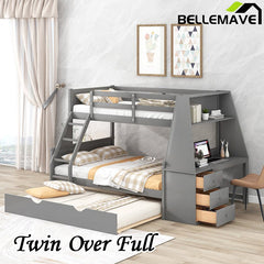 Bellemave® Twin over Full Bunk Bed with Trundle Bed and Built - in Desk, 3 Drawers and Shelf - Bellemave