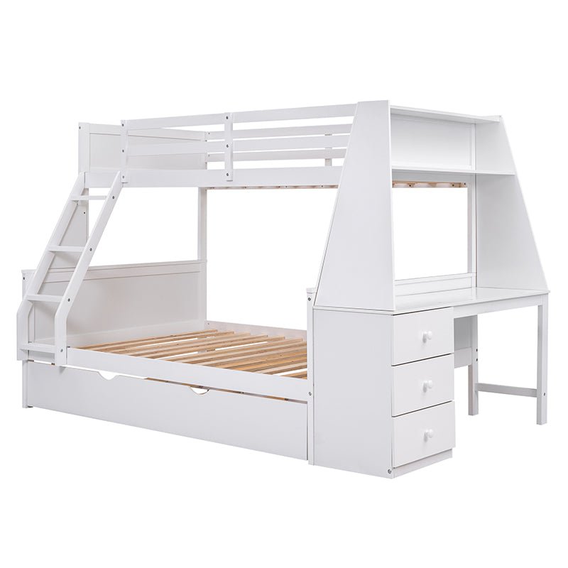 Bellemave® Twin over Full Bunk Bed with Trundle Bed and Built - in Desk, 3 Drawers and Shelf - Bellemave