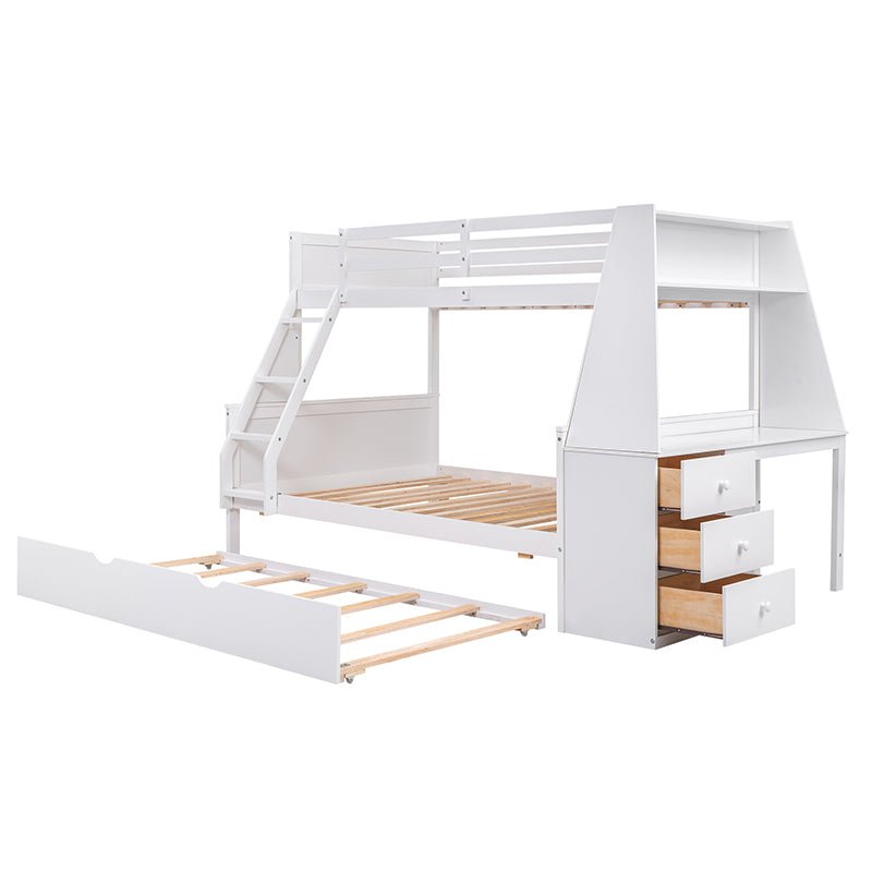 Bellemave® Twin over Full Bunk Bed with Trundle Bed and Built - in Desk, 3 Drawers and Shelf - Bellemave