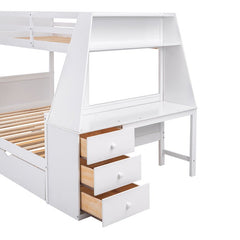 Bellemave® Twin over Full Bunk Bed with Trundle Bed and Built - in Desk, 3 Drawers and Shelf - Bellemave