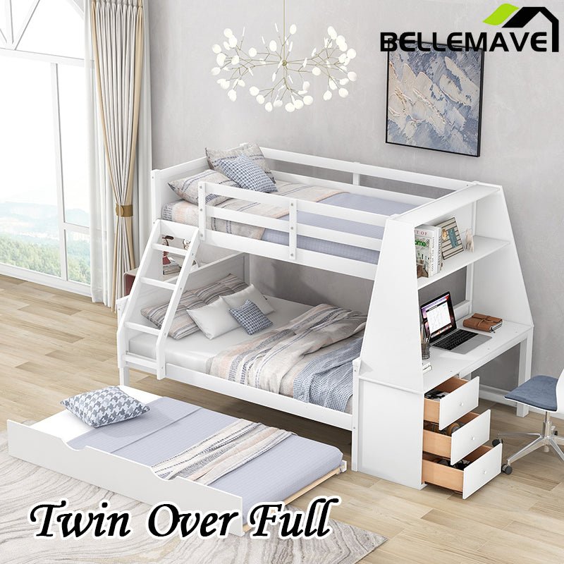 Bellemave® Twin over Full Bunk Bed with Trundle Bed and Built - in Desk, 3 Drawers and Shelf - Bellemave