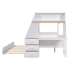 Bellemave® Twin over Full Bunk Bed with Trundle Bed and Built - in Desk, 3 Drawers and Shelf - Bellemave
