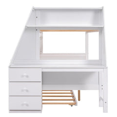 Bellemave® Twin over Full Bunk Bed with Trundle Bed and Built - in Desk, 3 Drawers and Shelf - Bellemave