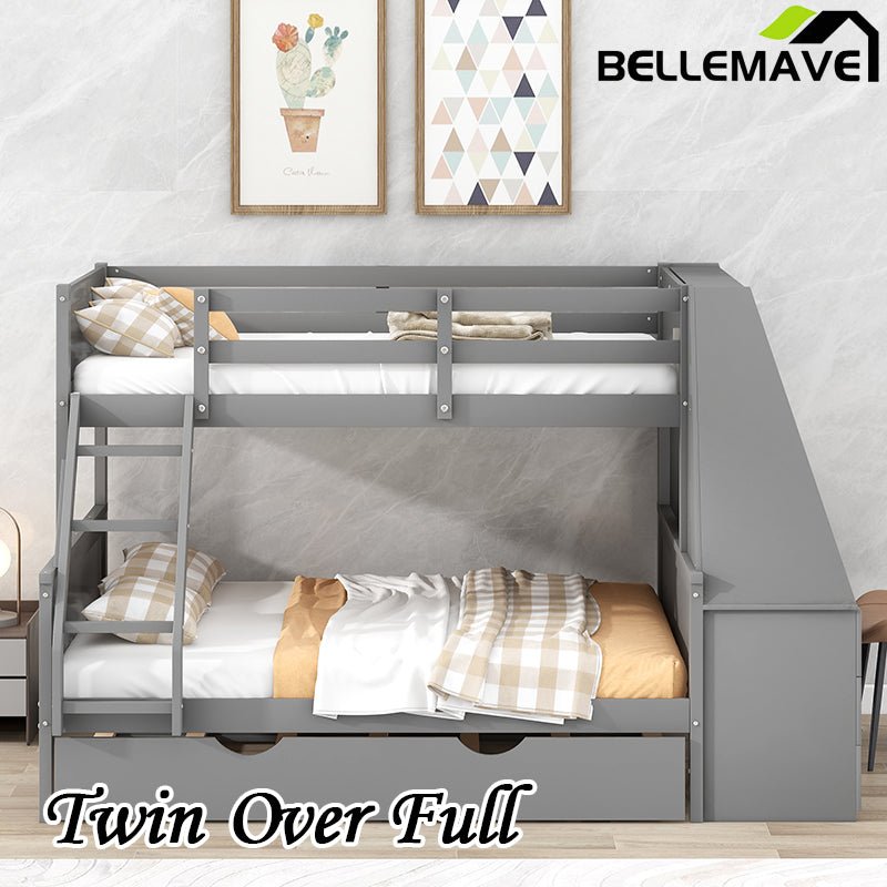 Bellemave® Twin over Full Bunk Bed with Trundle Bed and Built - in Desk, 3 Drawers and Shelf - Bellemave