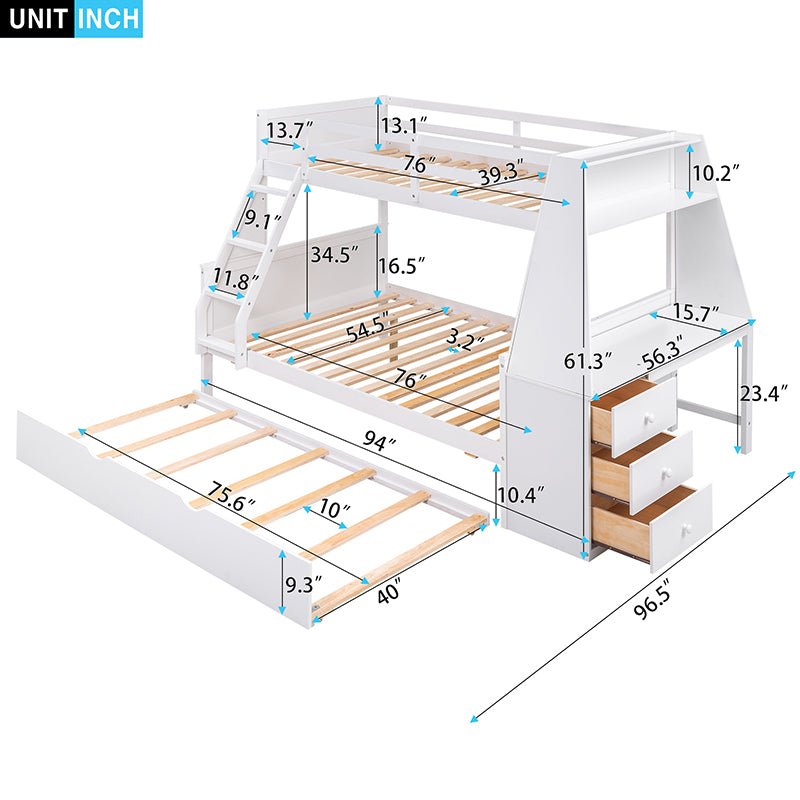 Bellemave® Twin over Full Bunk Bed with Trundle Bed and Built - in Desk, 3 Drawers and Shelf - Bellemave