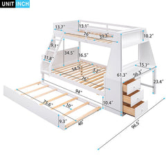 Bellemave® Twin over Full Bunk Bed with Trundle Bed and Built - in Desk, 3 Drawers and Shelf - Bellemave