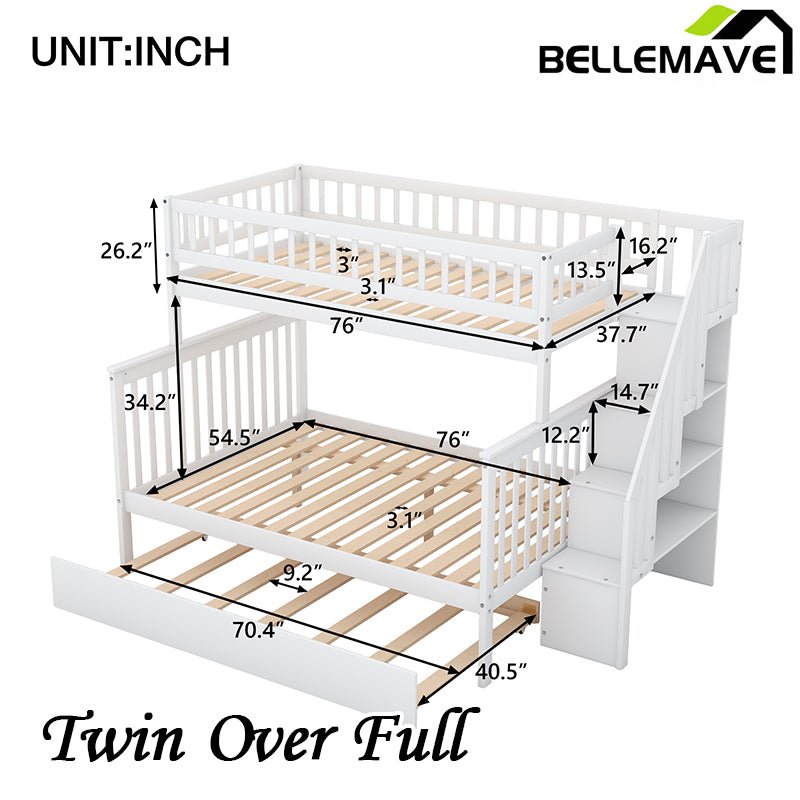 Bellemave® Twin over Full Bunk Bed with Trundle Bed and Staircase - Bellemave