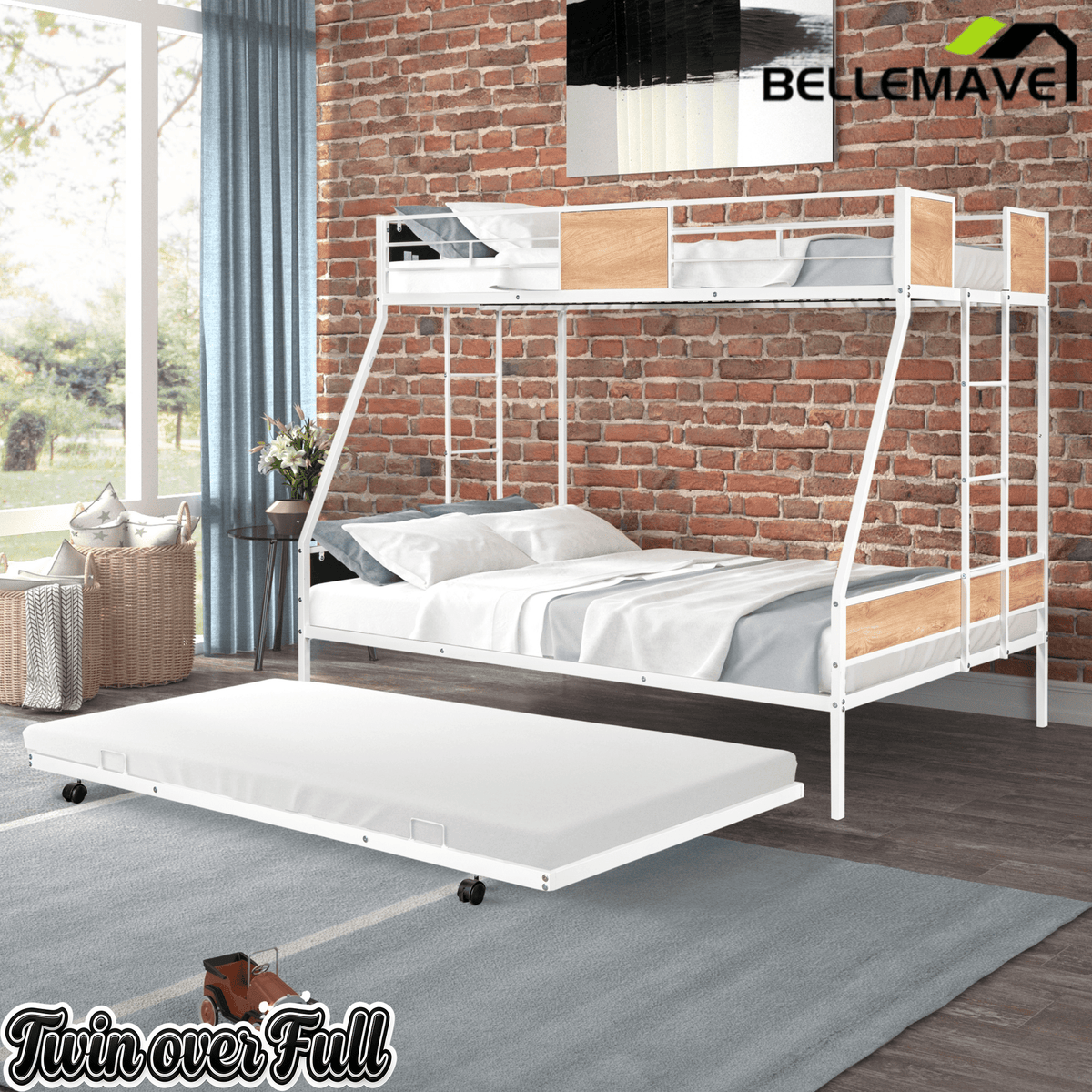 Bellemave® Twin - Over - Full Bunk Bed with Trundle, & W/ 2 Side Ladders & Safety Guardrail - Bellemave