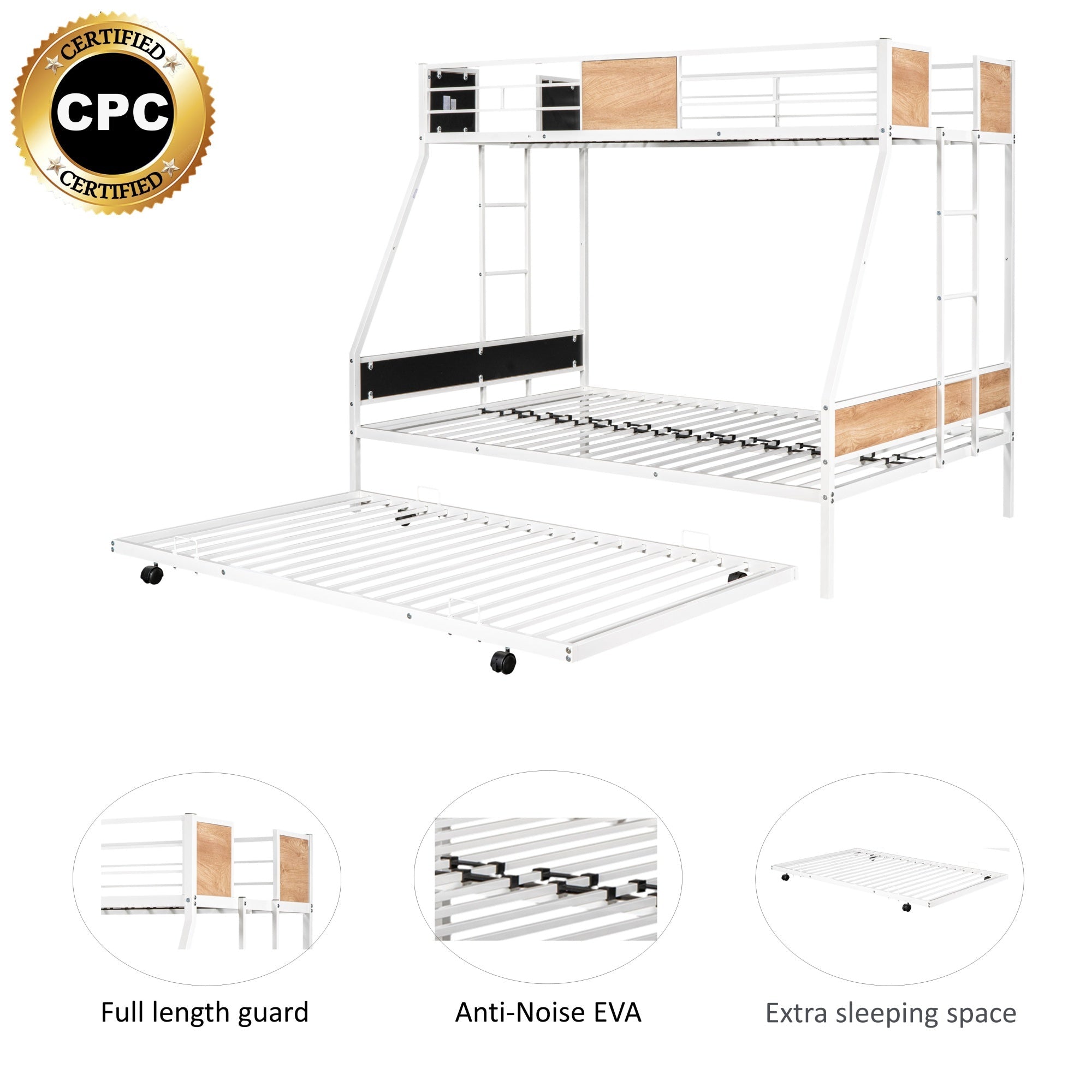 Bellemave® Twin - Over - Full Bunk Bed with Trundle, & W/ 2 Side Ladders & Safety Guardrail - Bellemave